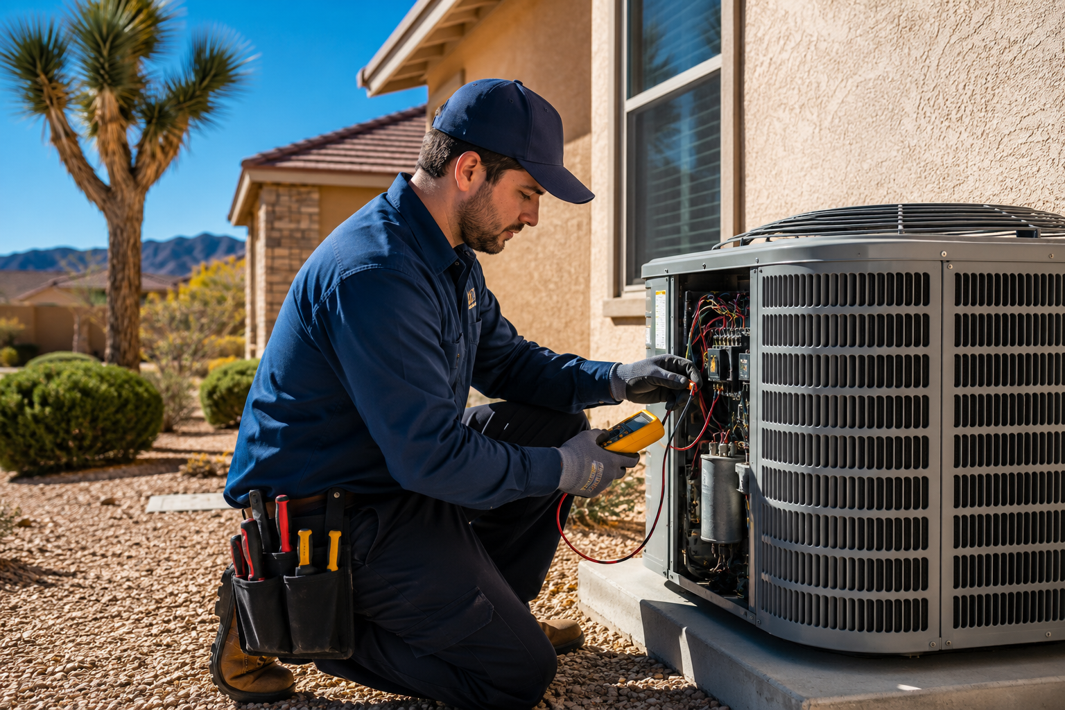 AC repair technician servicing a unit in Hesperia